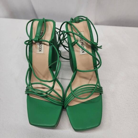 Steve Madden Manzie Green Lace Up Block Heel Squared Open Toe Heeled Sandals 9 - Picture 8 of 14